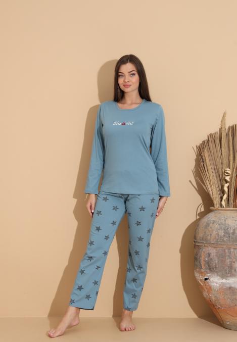Pijama Dama „Cute” , Pantaloni si Maneca Lunga,Culoare Albstru,Engros
